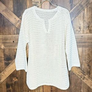 Crocheted Tunic Length Artisan Crafted Split Hem Cream Shirt Cover Up Size L